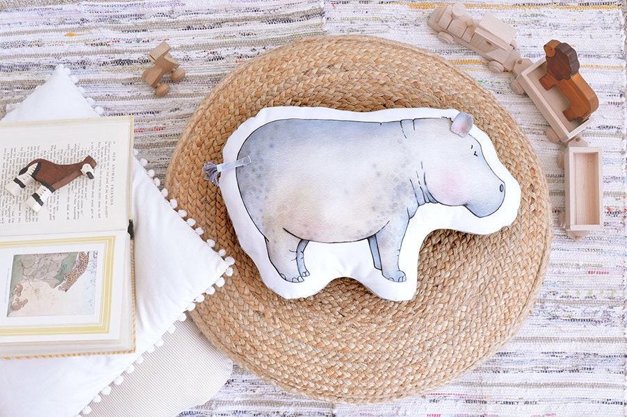 Kiboko the Hippo Cushion, 100% Cotton, Children's fabric, Kid's animal textile, Perfect for a neutral unisex nursery