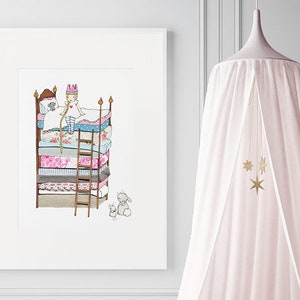 Big Kids Picture, UNFRAMED Large Childrens, Princess and the pea, Pink Illustration, Kid&#39;s wall art, Princess theme, Girls bedroom decor