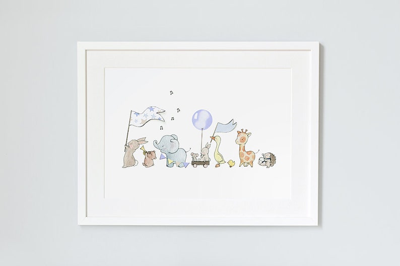 UNFRAMED Kids Print, Powder Blue Animals on Parade, Baby Boy's, Soft Blue Nursery, Pastel Picture, Illustration, Add your name image 1