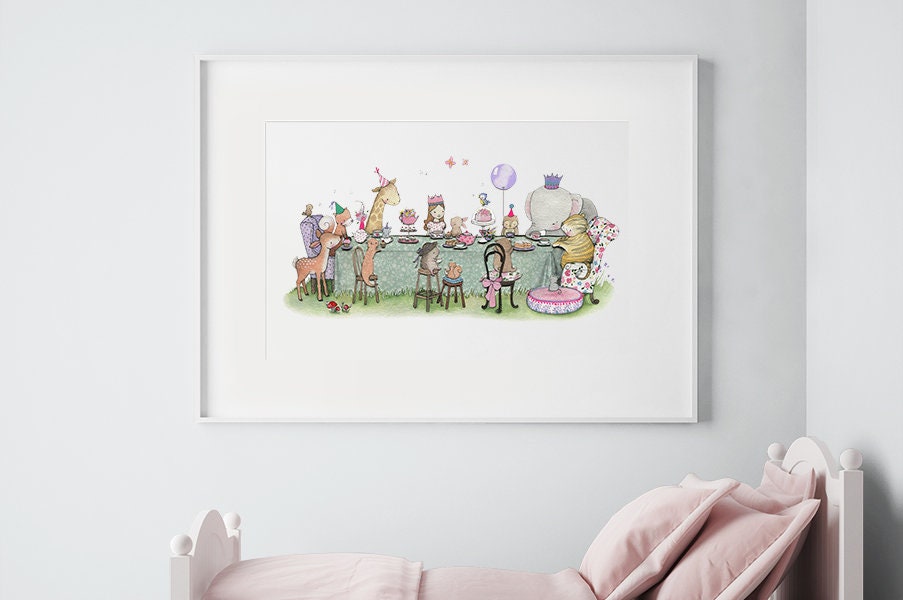Enchanted Tea Party, UNFRAMED Big Princess Print,  Large Kids Picture, Girl's Illustration, XL kid's Poster Print, for Girl's room decor