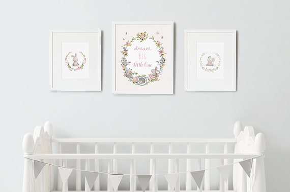 Set of 3 UNFRAMED Prints, Dream Big Little One, Woodland Collection, Mouse, bunny rabbit, and floral wreath, Pretty Girl's, Nursery Art