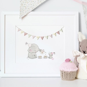 Tea Party Picture, UNFRAMED Girl's Nursery Art, Whimsical, Elephant, Mouse, Watercolour Print, Pastel Pink, Baby Girl Gift