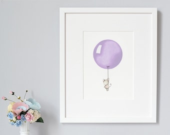 Amethyst Balloon, UNFRAMED Nursery Art, Children's Print, Kid's Wall Art, Modern, bright, Girl's Bedroom, Christening Gift, for Baby