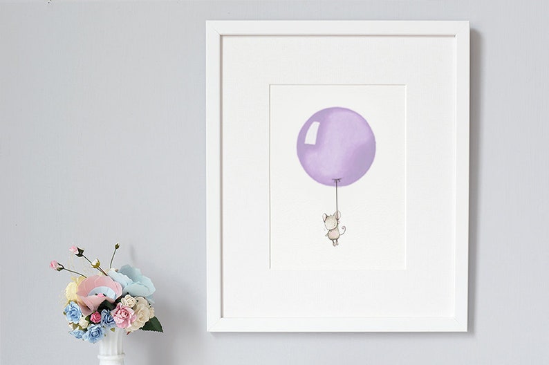Amethyst Balloon, UNFRAMED Nursery Art, Children's Print, Kid's Wall Art, Modern, bright, Girl's Bedroom, Christening Gift, for Baby image 1
