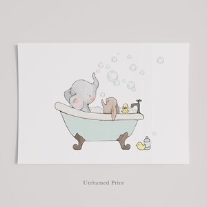 May include: A watercolour illustration of an elephant, a rabbit, and a duck taking a bath in a blue bathtub with bubbles. There is a yellow duck and a bottle of soap on the floor.