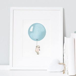 Turkish Blue, UNFRAMED Balloon Print, Seal Illustration, Pastel Boy&#39;s Nursery Art, Baby Boy, Archival Print, UK Nursery Art