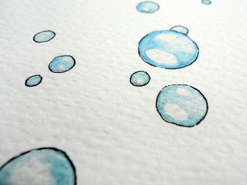 May include: Watercolor painting of several blue bubbles with black outlines on a white background. The bubbles vary in size and have white highlights, creating a sense of depth and dimension. The artwork has a soft, airy feel.