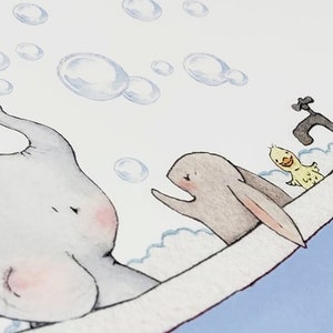 May include: A watercolour illustration of an elephant, rabbit and duck having a bath in a blue bathtub. The elephant is grey with pink cheeks, the rabbit is brown and the duck is yellow. There are soap bubbles floating in the air.