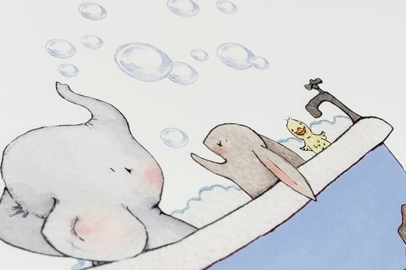 May include: A watercolour illustration of an elephant, rabbit and duck having a bath in a blue bathtub. The elephant is grey with pink cheeks, the rabbit is brown and the duck is yellow. There are soap bubbles floating in the air.