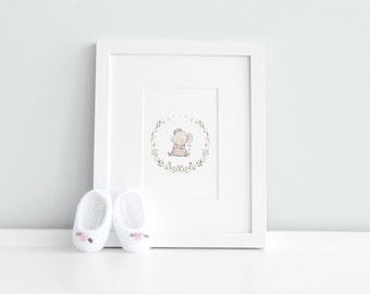 Floral Mouse, UNFRAMED Children's Art, Soft Pink Print, Girl's Nursery, Kid's Bedroom Art, Pink Wall Art, Wreath Picture