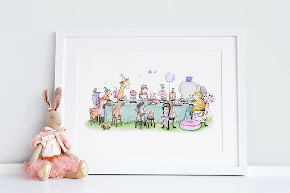Enchanted Tea Party, UNFRAMED Children's Picture, Girl's Nursery Decor, Pink, Lilac, Vintage Floral, Forest Animal Picnic, Princess Art