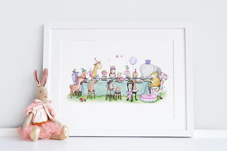 May include: A watercolour illustration of a tea party with a variety of animals, including a giraffe, elephant, deer, and a rabbit. The animals are sitting at a table with teacups and plates of food. The illustration is in a white frame.