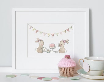 Tea Party Picture, UNFRAMED Girl's Nursery Art, Whimsical, Rabbit, Bunny, Watercolour Print, Pastel Pink, Baby Girl Gift
