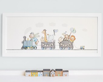 Children&#39;s Train, FRAMED Picture, Painting, Illustration, Print, Pastel blue, Mint green, Boy&#39;s Bedroom, Nursery Art Print, Train Theme