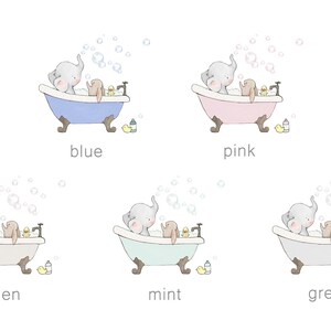 May include: Five illustrations of an elephant and a bunny taking a bath in a bathtub. The tubs are in five different colours: blue, pink, linen, mint, and grey.