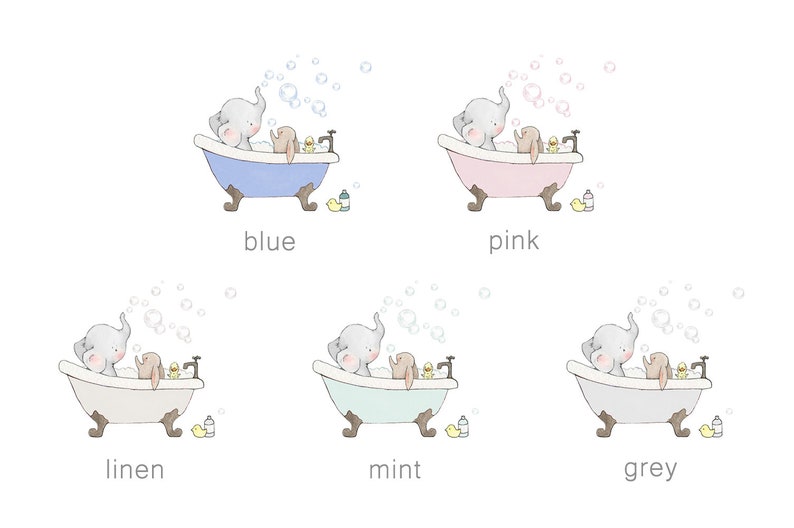 May include: Five illustrations of an elephant and a bunny taking a bath in a bathtub. The tubs are in five different colours: blue, pink, linen, mint, and grey.