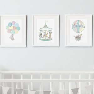 Set of 3 UNFRAMED Nursery Art Prints, Fairground, circus, pastel balloon art, Carousel picture, Unisex Bedroom Art, Illustration Prints