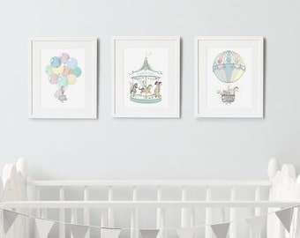 Set of 3 UNFRAMED Nursery Art Prints, Fairground, circus, pastel balloon art, Carousel picture, Unisex Bedroom Art, Illustration Prints