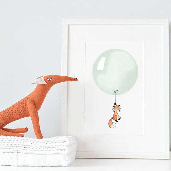 Tea Green Balloon, UNFRAMED Nursery Picture, Green, Fox, New Baby Art, Unisex wall art, Baby bedroom Art, Baby shower gift, choose animal