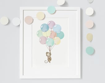 Pastel Balloon Bunch, UNFRAMED Nursery Art Print, Children's Picture, Kid's Decor, Baby's bedroom, Illustration drawing painting