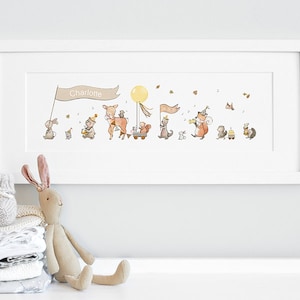 Arte de animales del bosque enmarcado, arte neutro para bebés, arte infantil unisex, imagen infantil, impresión enmarcada larga, perfecta para regalo de bebé recién nacido