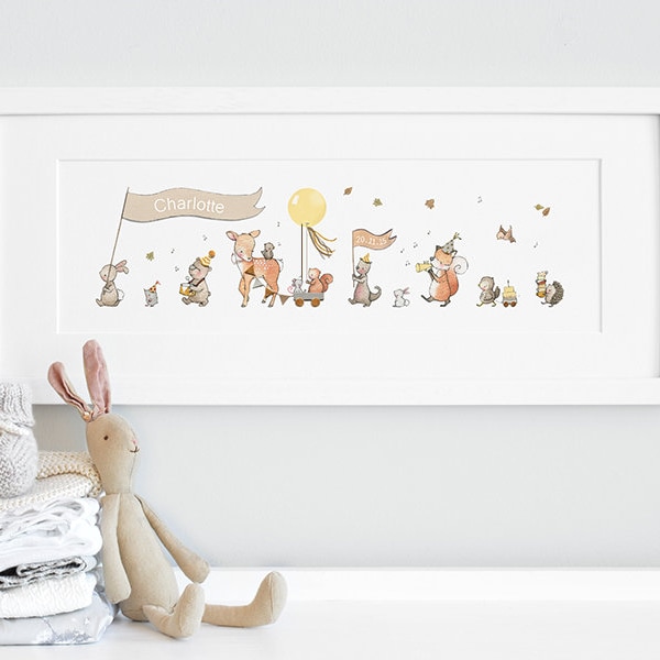FRAMED Woodland Animal Art, Neutral Baby Art, Unisex Nursery Art, Children's Picture, Long Framed Print, perfect for, New Baby Gift