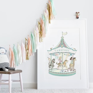 Carousel Illustration, UNFRAMED Big childrens picture, Extra Large kids print, Circus poster, Merry go round, Fun Fair Theme, Nursery Art