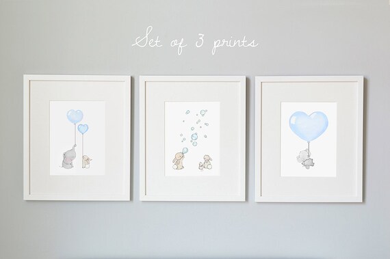 Set of 3 UNFRAMED Boy's Nursery Art Prints, Elephant and Rabbit, Baby Blue, Pale Blue, PASTEL BLUE, Boy's Bedroom Art, Illustration Prints