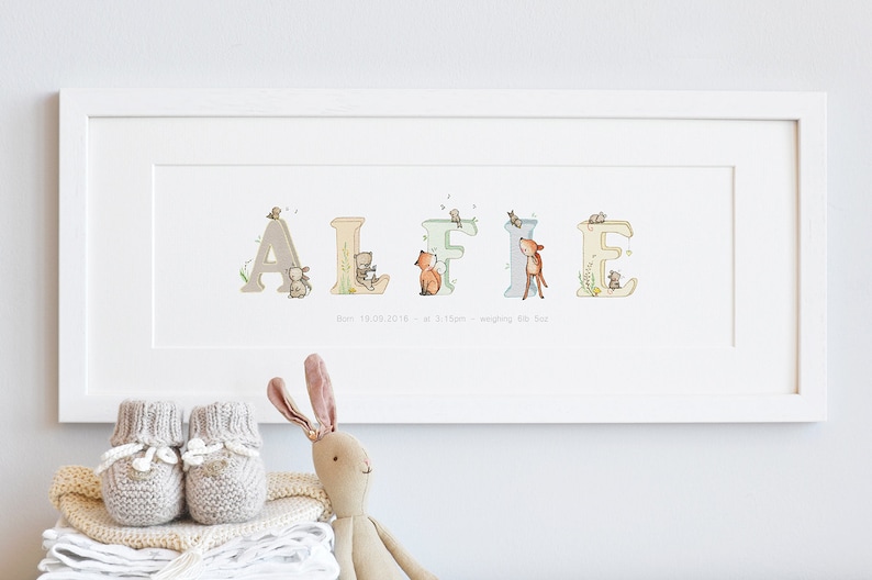 FRAMED Name Art Personalised Print Woodland Animal Unisex Etsy UK