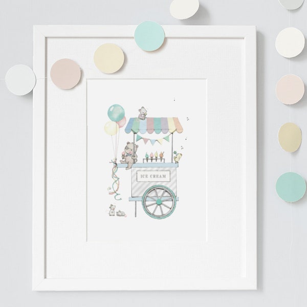 Ice Cream Cart, UNFRAMED Nursery Art Print, Unisex, Gender neutral, Baby room decor, Bright, Bear, Yellow, Kid's Print, Fun Fair