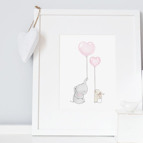 Elephant & Rabbit, UNFRAMED Baby Boy Nursery Art, Bedroom decor Art, Bunny Illustration, Pale Blue, Soft Pastel Blue, Modern Baby Girl Print