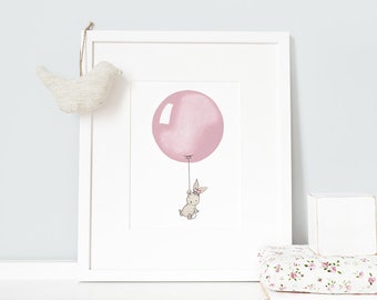 Dusty Pink, UNFRAMED Balloon Print, Bunny Illustration, Pastel Pink Girl's Nursery Art, Baby Girl, Archival Print, UK Nursery Art