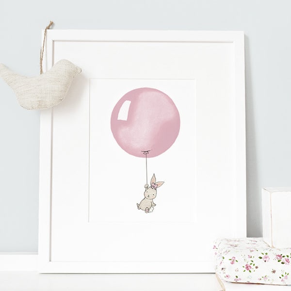 Dusty Pink, UNFRAMED Balloon Print, Bunny Illustration, Pastel Pink Girl's Nursery Art, Baby Girl, Archival Print, UK Nursery Art