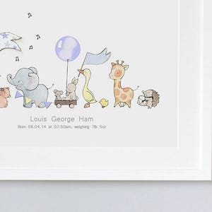 UNFRAMED Kids Print, Powder Blue Animals on Parade, Baby Boy's, Soft Blue Nursery, Pastel Picture, Illustration, Add your name image 3