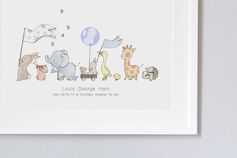 UNFRAMED Kids Print, Powder Blue Animals on Parade, Baby Boy's, Soft Blue Nursery, Pastel Picture, Illustration, Add your name image 3