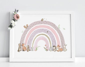 Children's picture, nursery wall art, girl's room decor, pink rainbow picture, pink and mauve, lockdown baby gift, rainbow baby gift