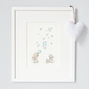 UNFRAMED Nursery Wall Art, Bunnies and Bubbles, Whimsical Rabbit Picture, Kid&#39;s Bedroom Art, PASTEL BLUE, New Baby, Children&#39;s Wall Art,