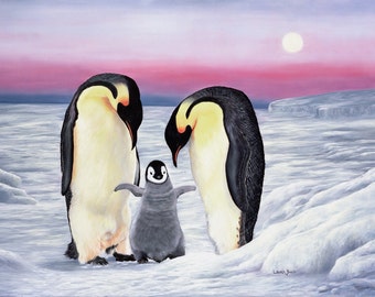 Look Who's Walking 8" x 6" Print of Penguin Family.