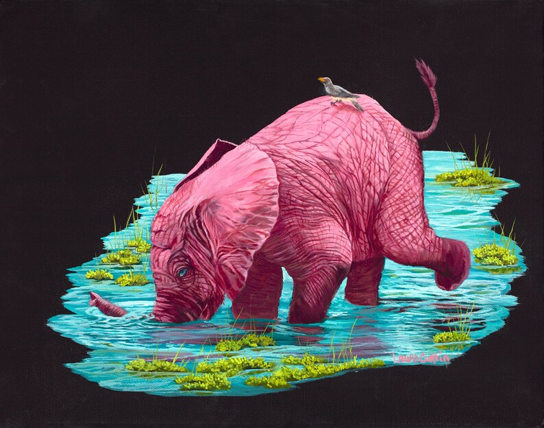Getting a Drink 8 x 10 Print 11 x 14 with matting. Pink Elephants image 1