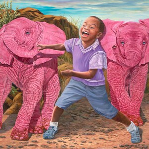 Running with Hope and Joy 8&quot; x 10&quot; Print - 11&quot; x 14&quot; with  matting. Pink Elephants