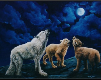 Wolf Howl 16" x 10" Wölfe Heult am Mond Print