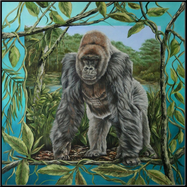 Silverback Mountain Gorilla Stepping Out of Canvas 12" x 12"  Sliverback gorilla print