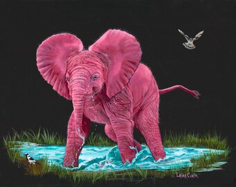 Water Fun 11" x 14" Baby Pink Elephant Print.