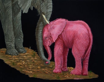 September 5" x 7" Print - 8" x 10" with matting. Pink Elephants