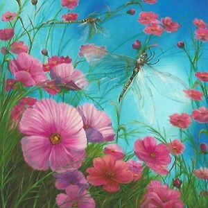 May include: A painting depicting pink cosmos flowers and two dragonflies against a blue sky background.