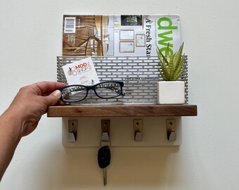 Mid Century Modern Entryway Organizer, Mail Holder, Key Rack, Walnut Shelf