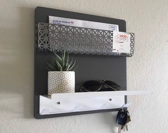 Mid Century Modern White Steel Entryway Organizer: Magnetic Memo Board, Mail & Key Rack