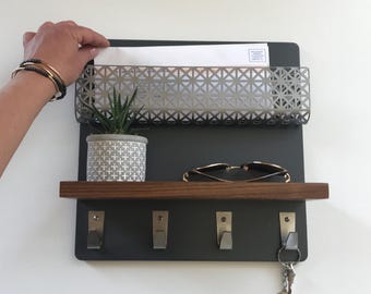 Mid Century Modern Entryway Organizer, Handmade Mail and Key Holder