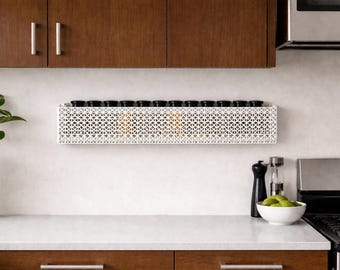 Mid century modern walnut perforated steel spice rack wall mount cookbook storage spices holder kitchen organization handmade best seller