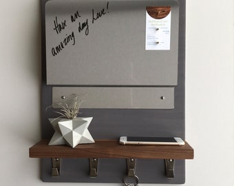Midcentury Modern Wall Organizer: Walnut Shelf, Key & Device Rack